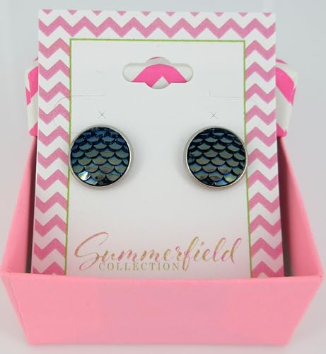 Dragon Mermaid Scale Stud Earrings in Dark Gray Blue