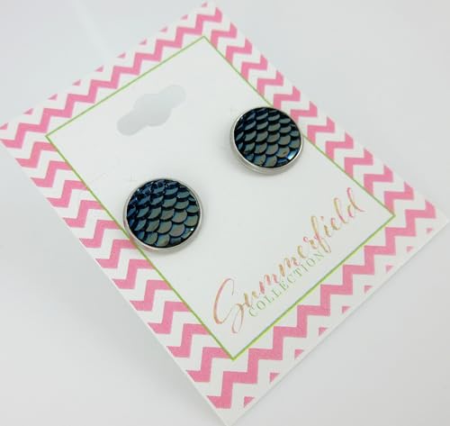Dragon Mermaid Scale Stud Earrings in Dark Gray Blue