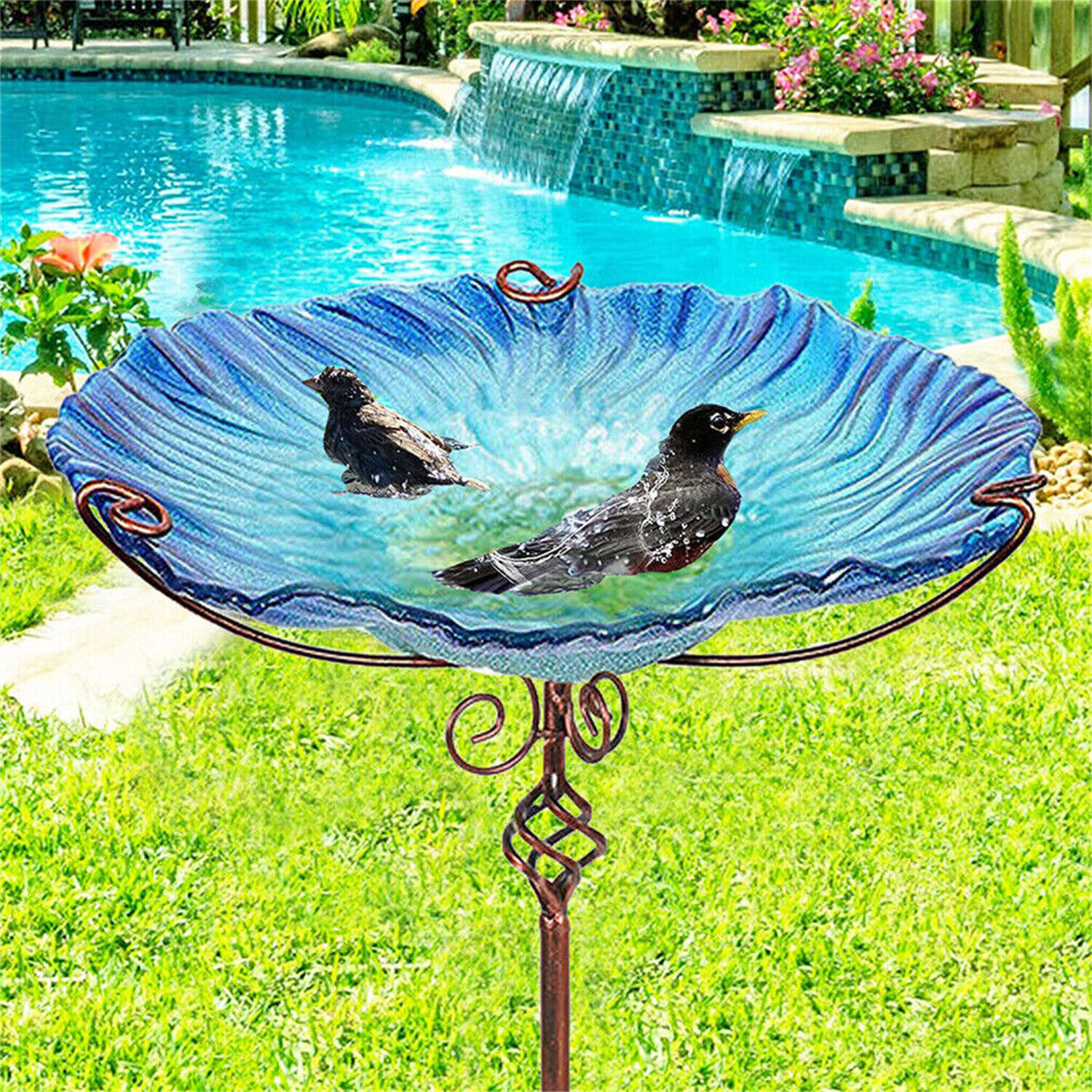 Freestanding Glass Bird Bath for Outdoor Gardens