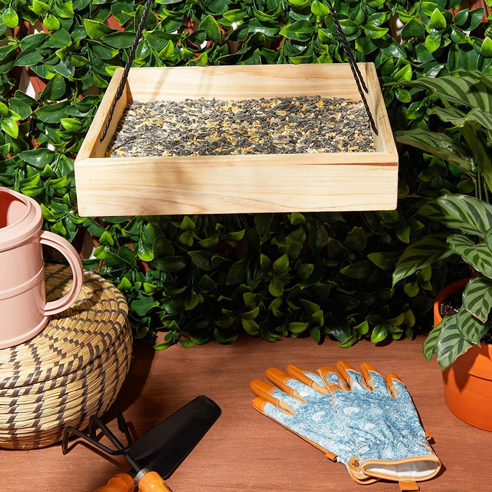 Hanging Wooden Bird Feeder with Metal Mesh Tray