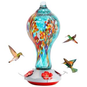 Hand Blown Blue Hummingbird Feeder with 4 Ports