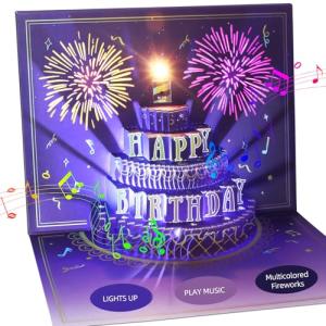 XTF2015 Happy Birthday Cards Fireworks, Lights, Music and Sound Fireworks Cake 3D Pop Up Birthday Cards Gift with Envelope and Note Tag for Women, Men, Kids, Wife, Mom, Husband