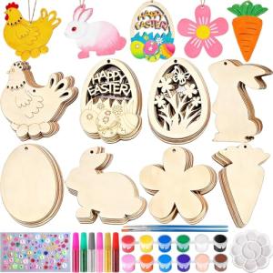 Easter Wood Painting Craft Kit, 40Pcs DIY Easter Wooden Ornaments, Unfinished Bunny, Egg, Flower and Hen Cutouts, Paint Your Own Hanging Decorations for Easter Tree, Home, Mantle, Party Favors