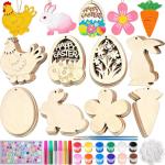 Easter Wood Painting Craft Kit, 40Pcs DIY Easter Wooden Ornaments, Unfinished Bunny, Egg, Flower and Hen Cutouts, Paint Your Own Hanging Decorations for Easter Tree, Home, Mantle, Party Favors