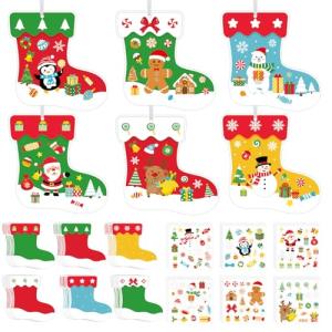 COCHIE 48Pcs DIY Christmas Craft Kits for Kids, Christmas Tree Stockings Ornaments Kit, Make Your Own Christmas Stockings Craft Xmas Party Decor DIY Stockings Cutouts for Holiday Handcraft Supplies