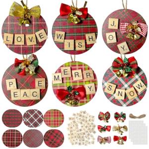 Cinrobiye 12 Set Christmas Tree Ornaments DIY Craft Kit Personalized Xmas Crafts with Letter Tiles Plaid Wooden Bells Name Tags Hanging Christmas Decor for Gifts Winter Holiday Xmas Tree