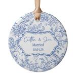 Chinoiserie Married Christmas Ornament, Blue Toile Pattern Wedding Ornament, Personalized Newlywed Gift for Couples, Personalized Gifts for Wedding, Bridal Shower Gift
