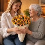 Qubist Personalized Handmade Crochet Rose Flower Blanket Bouquet – Custom Name Gift for Mother's Day, Valentine’s Day, Mom or Girlfriend（Sunflowers）