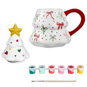 Didaey 1 Set Christmas Tree Mug with Lid Paint Your Own Mug Craft Kit with 6 Color Paints and Brush DIY Ceramic Christmas Coffee Mugs for Xmas Festive Holiday Gift