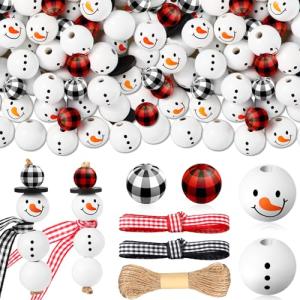 Landical 180 Piece DIY Christmas Snowman Wooden Bead Crafts Christmas DIY Ornaments Red Black Buffalo Plaid Wood Round Bead Xmas Print Wooden Beads with Twine Scarf for Crafts