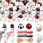 Landical 180 Piece DIY Christmas Snowman Wooden Bead Crafts Christmas DIY Ornaments Red Black Buffalo Plaid Wood Round Bead Xmas Print Wooden Beads with Twine Scarf for Crafts