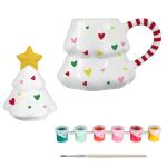 Didaey 1 Set Christmas Tree Mug with Lid Paint Your Own Mug Craft Kit with 6 Color Paints and Brush DIY Ceramic Christmas Coffee Mugs for Xmas Festive Holiday Gift