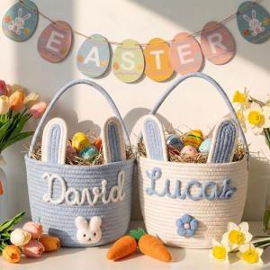 Personalized Embroidered Baby Easter Basket with Name, Custom Bunny Baskets Egg Hunt for Kids, Baby Easter Gift, Egg Hunt Basket for Kids, Boys, Girls A3