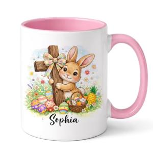 Personalized Easter Bunny Christian Cross Mug, Cute Bunny with Cross and Colorful Eggs Ceramic Coffee Mugs, Custom Religious Easter Gift for Boys Girls, Spring Mug for Children Family 11oz 15oz