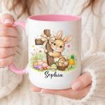 Personalized Easter Bunny Christian Cross Mug, Cute Bunny with Cross and Colorful Eggs Ceramic Coffee Mugs, Custom Religious Easter Gift for Boys Girls, Spring Mug for Children Family 11oz 15oz