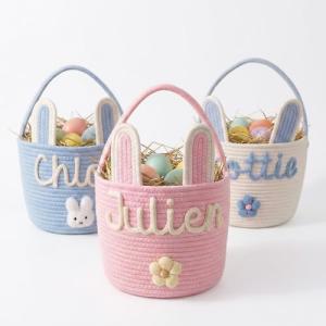 MBBEST Personalized Easter Bunny Basket - Custom 3D Name Cotton Rope Easter Bucket with Cute Ears & Plush Charm, Hand-Woven Easter Egg Hunt Bag, Unique Gift Storage for Kids Toddlers Boys Girls