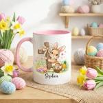 Personalized Easter Bunny Christian Cross Mug, Cute Bunny with Cross and Colorful Eggs Ceramic Coffee Mugs, Custom Religious Easter Gift for Boys Girls, Spring Mug for Children Family 11oz 15oz