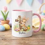 Personalized Easter Bunny Christian Cross Mug, Cute Bunny with Cross and Colorful Eggs Ceramic Coffee Mugs, Custom Religious Easter Gift for Boys Girls, Spring Mug for Children Family 11oz 15oz