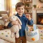 MBBEST Personalized Easter Bunny Basket - Custom 3D Name Cotton Rope Easter Bucket with Cute Ears & Plush Charm, Hand-Woven Easter Egg Hunt Bag, Unique Gift Storage for Kids Toddlers Boys Girls