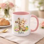 Personalized Easter Bunny Christian Cross Mug, Cute Bunny with Cross and Colorful Eggs Ceramic Coffee Mugs, Custom Religious Easter Gift for Boys Girls, Spring Mug for Children Family 11oz 15oz