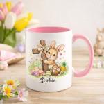 Personalized Easter Bunny Christian Cross Mug, Cute Bunny with Cross and Colorful Eggs Ceramic Coffee Mugs, Custom Religious Easter Gift for Boys Girls, Spring Mug for Children Family 11oz 15oz