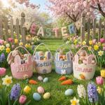 MBBEST Personalized Easter Bunny Basket - Custom 3D Name Cotton Rope Easter Bucket with Cute Ears & Plush Charm, Hand-Woven Easter Egg Hunt Bag, Unique Gift Storage for Kids Toddlers Boys Girls