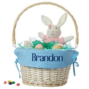 Personalization Universe Personalized Classic Easter Basket – Embroidered Light Blue Basket Liner – Custom Kids Easter Gift – Hand-Woven Basket with Folding Handle