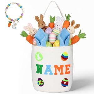Easter Baskets for Kids, Personalized Kids Easter Basket with Custom Felt Letters & Patches, Canvas Bucket for Toddler Egg Hunts, Toys & Gifts (Bule)