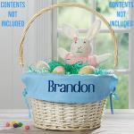 Personalization Universe Personalized Classic Easter Basket – Embroidered Light Blue Basket Liner – Custom Kids Easter Gift – Hand-Woven Basket with Folding Handle