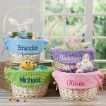 Personalization Universe Personalized Classic Easter Basket – Embroidered Light Blue Basket Liner – Custom Kids Easter Gift – Hand-Woven Basket with Folding Handle