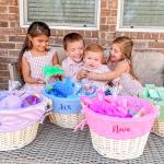 Personalization Universe Personalized Classic Easter Basket – Embroidered Light Blue Basket Liner – Custom Kids Easter Gift – Hand-Woven Basket with Folding Handle