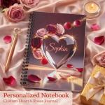 Personalized Romantic Journal for Women – Custom Name Crystal Heart Roses Spiral Notebook | Gift for Girlfriend Wife Bride Best Friend | Valentine's Day Anniversary Birthday