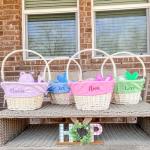 Personalization Universe Personalized Classic Easter Basket – Embroidered Light Blue Basket Liner – Custom Kids Easter Gift – Hand-Woven Basket with Folding Handle