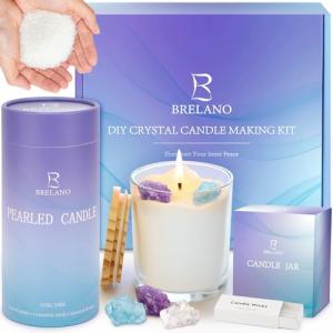 BRELANO Crystal Candle Making Kit – No-Melt Candle Sand, 18 oz Pearled Wax, 30 Cotton Wicks, 3 Natural Crystals & Refillable Glass Jar – DIY Candle Gift Set for Women & Home Decor