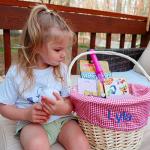 Personalization Universe Personalized Classic Easter Basket – Embroidered Light Blue Basket Liner – Custom Kids Easter Gift – Hand-Woven Basket with Folding Handle