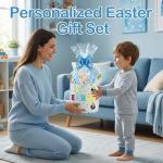 Easter Baskets for Kids, Personalized Kids Easter Basket with Custom Felt Letters & Patches, Canvas Bucket for Toddler Egg Hunts, Toys & Gifts (Bule)