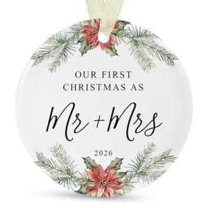 First Christmas as Mr and Mrs Ornament 2026,1st Year Wedding Ornament for Newlywed,Our First Married Christmas Ornament,Ceramic Hanging Decoration for Couples Just Married with Gift Box&Ribbon 2.9"