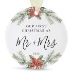 First Christmas as Mr and Mrs Ornament 2026,1st Year Wedding Ornament for Newlywed,Our First Married Christmas Ornament,Ceramic Hanging Decoration for Couples Just Married with Gift Box&Ribbon 2.9"