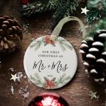 First Christmas as Mr and Mrs Ornament 2026,1st Year Wedding Ornament for Newlywed,Our First Married Christmas Ornament,Ceramic Hanging Decoration for Couples Just Married with Gift Box&Ribbon 2.9"