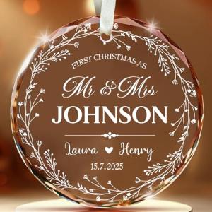 Fastpeace Personalized First Christmas Married Ornament 2026- Custom Name Date Gift, Mr and Mrs Custom Wedding Ornament for Newlyweds, First Christmas as Married Couple Keepsake