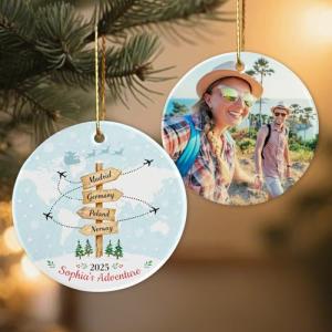Personalized Travel Adventures Ornament 2025, Custom Ceramic Travel Christmas Ornaments, Travel-Themed Christmas Tree Decoration, Unique Gifts for Travelers (Adventure Ornament 2025)