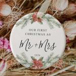 First Christmas as Mr and Mrs Ornament 2026,1st Year Wedding Ornament for Newlywed,Our First Married Christmas Ornament,Ceramic Hanging Decoration for Couples Just Married with Gift Box&Ribbon 2.9"