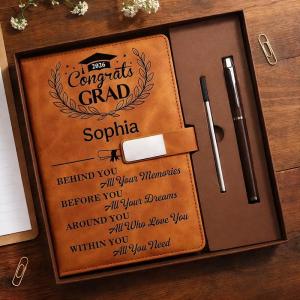 WANDER PRINTS Personalized Leather Notebook Set - Graduation Keepsake Journal with Pen, Custom Name Congrats Grad Gift Idea, Class of 2026 Memory Book, Senior Celebration - Behind You All Memories Congrats Grad