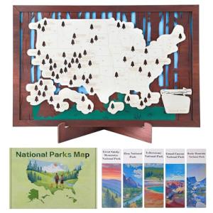 Wooden US National Parks Map Travel Tracker – 3-Layer Framed Wall Art with 70 Tree Pins, Stand, Marker & Gift Box – National Park Checklist Map, Holiday and Educational Geography Gift for Adventurers, Families & Outdoor Lovers, Perfect for RV, Home & Holiday Décor (Brown, 16.5 x 11")