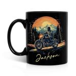 Personalized Motorcycle And Mountains Coffee Mug, Gift For Father Brother, Custom Name Scenic Black Cup, Gift For Adventure Lovers, Customized Biker Themed Ceramic Mug 11oz 15oz