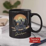 Personalized Motorcycle And Mountains Coffee Mug, Gift For Father Brother, Custom Name Scenic Black Cup, Gift For Adventure Lovers, Customized Biker Themed Ceramic Mug 11oz 15oz