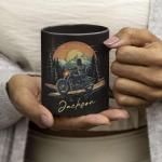 Personalized Motorcycle And Mountains Coffee Mug, Gift For Father Brother, Custom Name Scenic Black Cup, Gift For Adventure Lovers, Customized Biker Themed Ceramic Mug 11oz 15oz