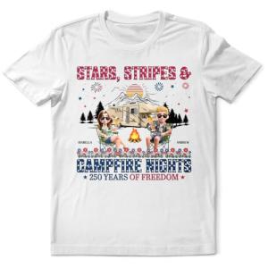 Personalized T Shirt - Patriotic Camping Couple Gift for 4th of July 2026, Custom Name Independence Day Apparel for Campfire Lovers & RV Adventure - Stars & Stripes & Campfire Nights