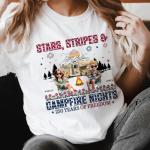 Personalized T Shirt - Patriotic Camping Couple Gift for 4th of July 2026, Custom Name Independence Day Apparel for Campfire Lovers & RV Adventure - Stars & Stripes & Campfire Nights