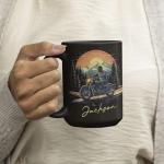 Personalized Motorcycle And Mountains Coffee Mug, Gift For Father Brother, Custom Name Scenic Black Cup, Gift For Adventure Lovers, Customized Biker Themed Ceramic Mug 11oz 15oz